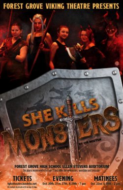 Play poster featuring five students in mid-evil costumes. A shield and sword are in the foreground with the name of the play \"She kills Monsters\"